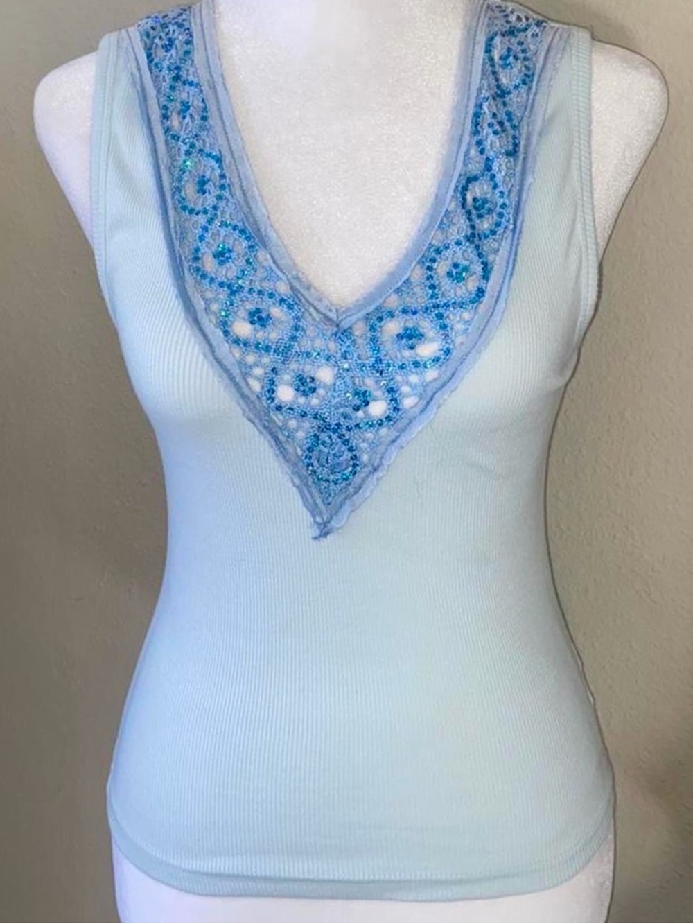 Light Blue V-Neck Embroidered Ribbed Tank Top fits like XS